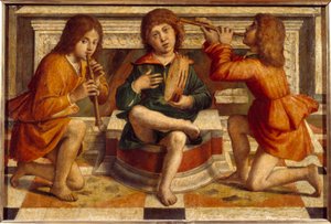 Trzej Aniołowie Muzycy Obraz Bartolomeo Montagna (1450-1523) XVI-wieczne Słońce. 0,47x0,7m Lyon, Muzeum Sztuk Pięknych