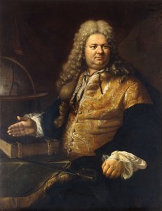 Portret dżentelmena, podobno aktor James Quin, w tytułowej roli Cato Addisona, siedzący w trzech czwartych długości, w brokatowym płaszczu i zielonym płaszczu przy stole z słowem, książką i globusem autorstwa Bartolomeo Nazzari