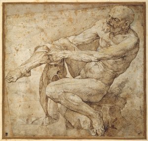 Nagi mężczyzna ciągnący za wąż, po Marcantonio Raimondi i Michelangelo Buonarroti (pióro i brązowy tusz na papierze)