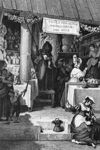 Befana (włoska wiedźma świąteczna), stragan ze słodyczami i nugatem na Piazza Navona podczas Objawienia Pańskiego, Rzym, grawer Bartolomeo Pinelli