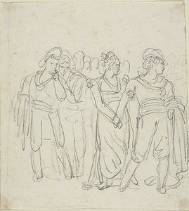 Wódz bandytów powstrzymywany przez kobietę (recto); Szkic dwóch postaci w pejzażu (verso) autorstwa Bartolomeo Pinelli