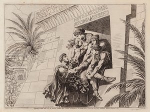 Kleopatra i jej towarzysze znoszący umierającego Marka Antoniusza do grobowca (akwaforta) autorstwa Bartolomeo Pinelli