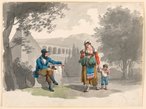 Rysunek przedstawiający kobietę trzymającą za rękę chłopca mijającą dżentelmena siedzącego wśród ruin w Campagna, 1807 r. autorstwa Bartolomeo Pinelli