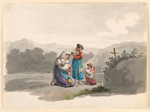 Rysunek przedstawiający kobietę z dzieckiem modlącą się przed krzyżem oznaczającym miejsce śmierci jej męża, 1807-08 autorstwa Bartolomeo Pinelli