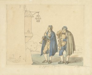 Flecista i dudziarz przed domem Li Pifferari w Rzymie (tytuł na obiekcie) autorstwa Bartolomeo Pinelli