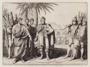 Gajusz Popiliusz Laenas rysujący na piasku okrąg wokół Antiocha IV Epifanesa (akwaforta) autorstwa Bartolomeo Pinelli