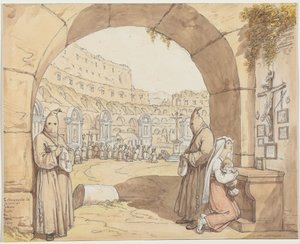 „La Compagnia dei sacconi al Colosseo” (Pokutnicy modlący się przy ołtarzach w Koloseum) autorstwa Bartolomeo Pinelli