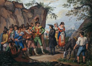 Negocjacje w sprawie poddania się rozbójnika Gasparone i arcykapłana Pellegrini autorstwa Bartolomeo Pinelli