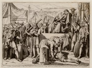Titus Manlius Torquatus ścinający syna za opuszczenie stanowiska w bitwie (akwaforta)