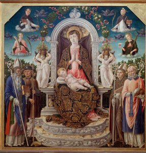 Dziewica z Dzieciątkiem na tronie w otoczeniu św. Augustyna, św. Rocha, św. Ludwika z Tuluzy (Anjou), św. Mikołaja z Myre, a w niebie św. Katarzyna, św. Dominika, św. Piotr Męczennik (Werona) i św. Maria Magdalena (Dziewica z Dzieciątkiem dowcip