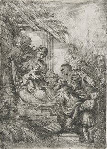 Adoracja Królów (Ofiara Mędrców), po 1657 (akwaforta na papierze wykładanym) autorstwa Bartolommeo Biscaino