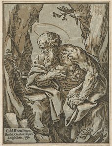 Św. Hieronim, wg Guido Reni, 1637 (drzewo światłocieniowe z trzech bloków na papierze wykładanym)