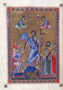 Egerton 1139, f.9v Harrowing of Hell, ilustracja z „Psałterza królowej Melisendy”, Jerozolima ok. 1131-40 (atrament, kolor i złoto na welinie) autorstwa Basilius Basilius