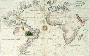 Dwustronicowa mapa Oceanu Atlantyckiego, przedstawiająca wschodnie wybrzeże Ameryki Północnej i Południowej, 1544