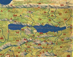 Ziemia Święta, Izrael i Palestyna: Morze Galilejskie i miasto Tyberiady, z Atlasu Świata w trzydziestu trzech mapach, autorstwa Battisty Agnese autorstwa Battista Agnese