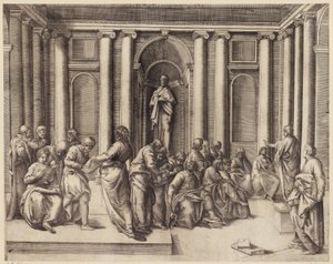Zwölfjähriger Jesus diskutiert mit den Tempelgelehrten autorstwa Battista Franco