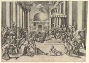 Konstantyn przedstawia Stolicy Apostolskiej Miasto Rzym, po prawej wielu widzów..., ok. godz. 1530-61.