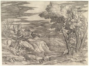 Pejzaż z jeźdźcem i jego oblubieńcem, ca. 1552-61. autorstwa Battista Franco Veneziano