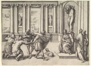 Mężczyzna siedzący pod posągiem Bachusa, przyjmujący audiencję, ok. godz. 1530-61.