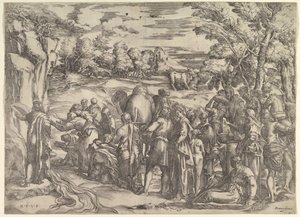 Mojżesz czerpiący wodę ze skały, po lewej płynąca woda, różne postacie i ..., ca. 1552-61.
