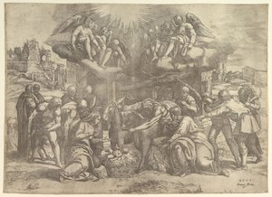 Adoracja pasterzy z aniołami nad głową, ok. godz. 1530-61. autorstwa Battista Franco Veneziano