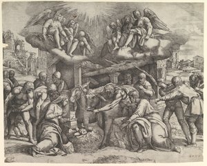 Adoracja pasterzy z aniołami nad głową, ok. godz. 1530-61. autorstwa Battista Franco Veneziano
