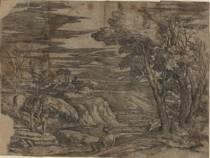 Krajobraz z mężczyzną prowadzącym konia autorstwa Battista Franco, after Titian