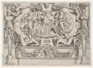 Popiersie kobiety otoczonej przez trzy kobiety z każdej strony, osadzone w kunsztownej ramie, ca. 1540-80. autorstwa Battista del Moro