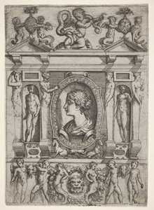 Popiersie kobiety z profilu zwróconego w lewo, ujęte w misterną ramę z postaciami w n..., ca. 1540-80.
