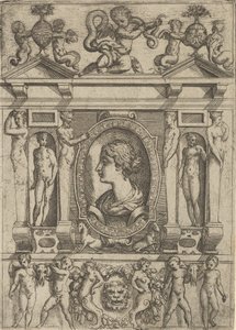 Popiersie kobiety z profilu zwróconego w lewo, ujęte w misterną ramę z postaciami w n..., ca. 1540-80.