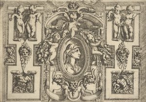 Popiersie kobiety z profilu w prawo, oprawione w misterną ramę z puttami, ..., ca. 1540-80.