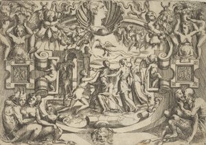 Cztery kobiety otaczające siedzącą postać, nad nimi ptak, osadzone w kunsztownym ..., ca. 1540-80.