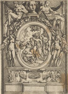 Wyrok Parysa, mezczyzna siedzący po lewej stronie wyciąga rękę do kobiety, której po bokach otacza..., ok. godz. 1540-80. autorstwa Battista del Moro