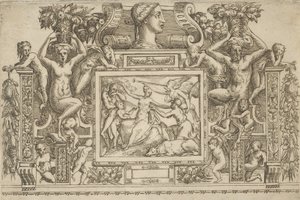 Kobieta siedząca z wyciągniętymi ramionami, personifikacja Sławy z trąbką po prawej stronie,..., ca. 1540-80.