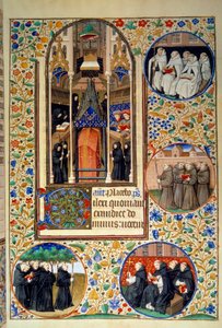 Scena życia monastycznego. W medalionach, od góry do dołu, karmowie, franciszkanie, dominikanie, augustyni (po lewej). Miniatura zaczerpnięta z „Księgi godzin według zwyczajów paryskich”” ujęta przez warsztat mistrza Bedforda. 1450. Paryż, B.N. autorstwa Bedford Master Workshop