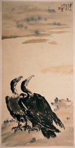 Dwa kormorany (wiszący zwój i kolor na papierze) autorstwa Beihong Xu