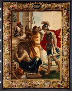 Diogene i Aleksander: spotkanie greckiego filozofa Diogene de Sinope (413-327 p.n.e.) w jego beczce z królem Aleksandrem Wielkim (356-323 p.n.e.) w Koryncie. Kiedy zdobywca zapytał go, czego chce, Diogene odpowiedział: "Zdejmij trochę z mojego słońca". Kra autorstwa Belgian School