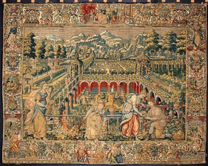 Scena zbioru owoców. Gobelin przedstawiający manufaktury w Brukseli. XVI wiek Genes, Musei di Strada Nuova autorstwa Belgian School