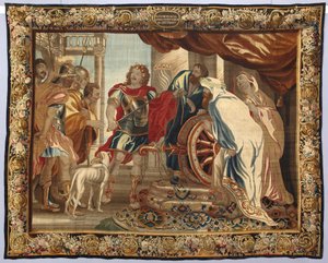 Król Aleksander Wielki przecina węzeł gordyjski. Gobelin wykonany w manufakturze w Brukseli. XVI wiek Genes, Musei di Strada Nuova autorstwa Belgian School