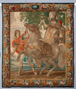 Król Aleksander Wielki ujarzmia konia Bucefała. Gobelin wykonany w manufakturze w Brukseli. XVI wiek Genes, Musei di Strada Nuova autorstwa Belgian School