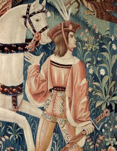Średniowiecze: początek polowania na sokoła na koniu. Fragment gobelinu z jedwabiu i wełny z początku XVI wieku. Od Hainaut. Paryż, Narodowe Muzeum Średniowiecza, Thermes de Cluny autorstwa Belgian School