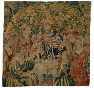 Gobelin, Bankiet z królem w pasażu, wykonany prawdopodobnie w Brukseli, Belgia autorstwa Belgian School