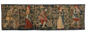 Fragment gobelinu przedstawiający Vintagersów, prawdopodobnie z Tournai, ok. 1460-70 (wełna) autorstwa Belgian School