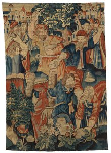 Fragment gobelinu przedstawiający Ukamienowanie Starszych, wykonany prawdopodobnie w Brukseli w Belgii autorstwa Belgian School