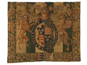 Gobelin z herbem królewskim Edwarda VI i herbem le Grysa, wykonany prawdopodobnie w Enghien, Flandria, Belgia, ok. 1547-53 (wełna) autorstwa Belgian School