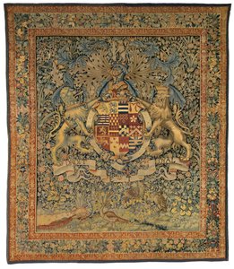 Gobelin Verdure z herbem Roberta Dudleya, hrabiego Leicester (jeden z pary 47.1), wykonany we Flandrii w Belgii, około 1570-85 (wełna i jedwab) autorstwa Belgian School