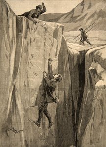 Turysta wiszący w szczelinie w Alpach, z „Le Petit Parisien”, 23 sierpnia 1891