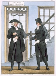 Urzędnicy pogrzebowi z Amsterdamu, ilustracja z „Kolekcji strojów północnych prowincji Królestwa Niderlandów…” rytowana przez Villeneuve, 1828 autorstwa Bendrik Greeven