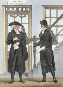Urzędnicy pogrzebowi z Amsterdamu, ilustracja z "Collections des Costumes des Provinces Septentrionales du Royaume des Pays Bas...", wyryta przez Villeneuve, 1828 r. autorstwa Bendrik Greeven