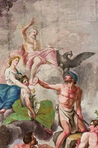 Alegoryczne przedstawienie Olimpu z Jowiszem, Ceres i Wulkanem, szczegół apoteozy pracy, rolnictwa, sztuki i nauki (fresk) autorstwa Benedetto Cotarti
